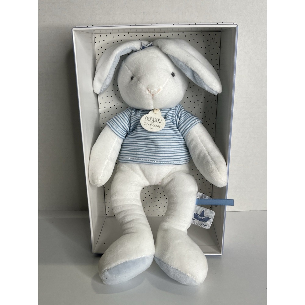 DouDou Et Compagnie Plush BUNNY RABBIT Security Lovey Baby Toy BLUE STRIPE Shirt